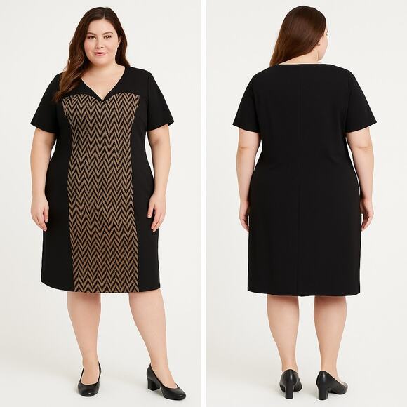 Connected Woman Chevron Panel Black & Tan Career Dress 24W - Picture 1 of 4